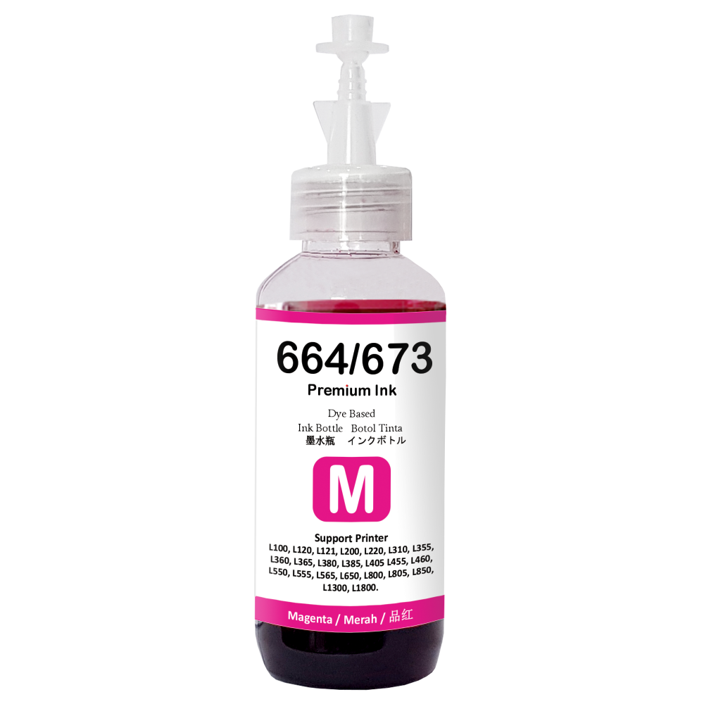 Tinta Premium Dye Base 664/673 Magenta 100ml Refill Printer EP L110 L120 L210 L220 L300 L310 L350 L355 L360 L365 L380 L405 L455 L485 L550 L555 L565 L100 L200 Compatible